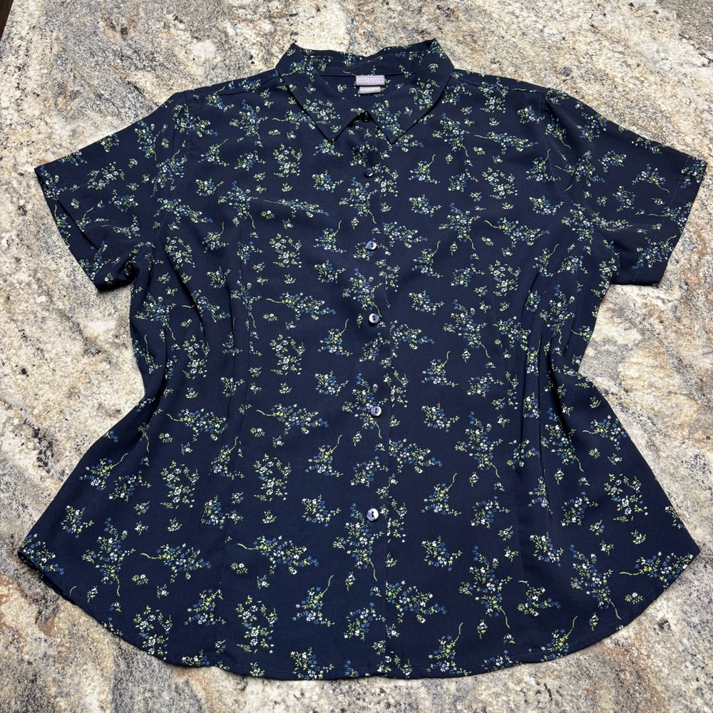Laura Scott Petite Navy Ditsy Floral Button Collared Blouse XLP Cottagecore